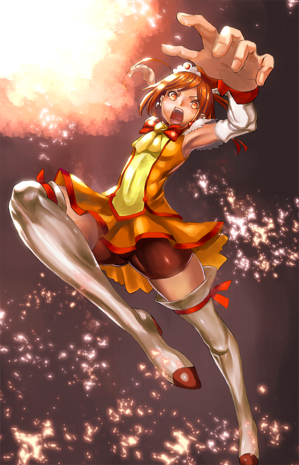 action arm_up bike_shorts boots bowtie brooch cure_sunny dress fire grey_background hair_bun highres hino_akane jewelry jumping magical_girl open_mouth orange_dress orange_eyes orange_hair perspective precure short_hair shorts_under_skirt skirt smile_precure! solo spiking thigh-highs thigh_boots thighhighs tiara under-siege white_legwear