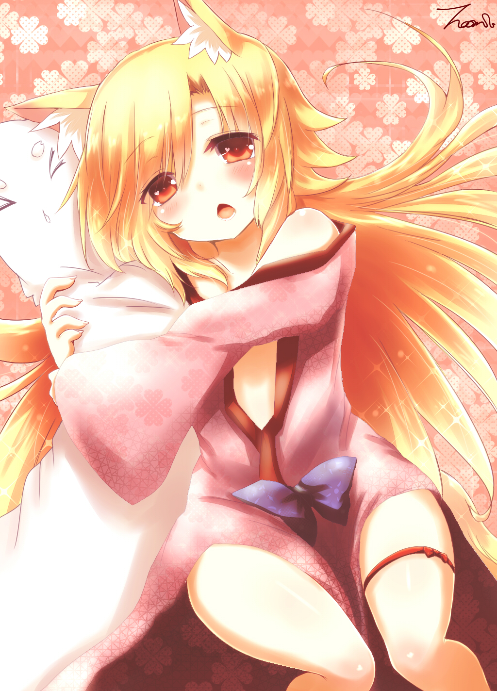 &gt;_&lt; akane_(naomi) animal_ears blonde_hair blush fox_ears fox_tail highres hug long_hair long_sleeves naomi_(sekai_no_hate_no_kissaten) open_mouth original pillow solo tail wide_sleeves yellow_eyes