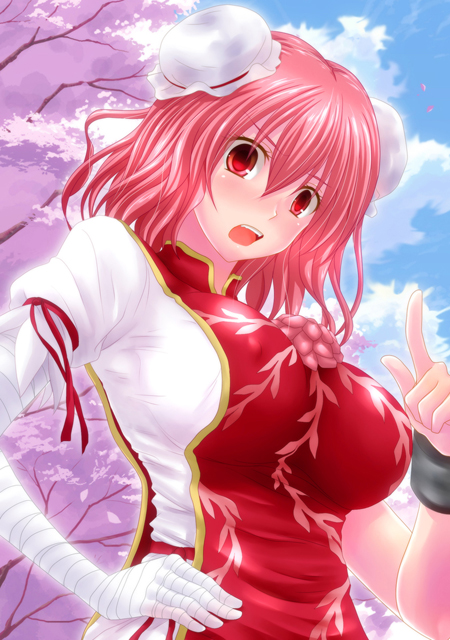 bandage bandages blush cherry_blossoms chinese_clothes cloud clouds cuffs double_bun flower ibaraki_kasen open_mouth petals pink_hair puffy_sleeves red_eyes resized shackles short_hair short_sleeves sky solo touhou watarui