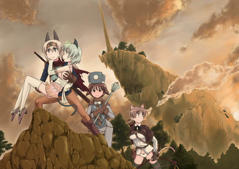 animal_ears blonde_hair blush boots bow_(weapon) brown_hair cape carrying cat_ears cat_tail eila_ilmatar_juutilainen fantasy gloves grey_hair hat lynette_bishop miyafuji_yoshika mountain multiple_girls oomura panties panties_under_pantyhose pantyhose parted_lips princess_carry rod sanya_v_litvyak scenery sky smile strike_witches sword tail thigh-highs thighhighs tree underwear weapon