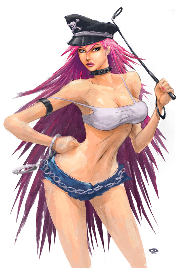 1girl aqua_eyes bare_legs bare_shoulders bra bracelet breasts cap capcom choker cleavage cuffs eric_vedder final_fight fingernails hand_on_hip handcuffs hat hips jewelry long_fingernails long_hair looking_at_viewer midriff navel pink_hair pink_lipstick pink_nails poison_(final_fight) shorts signature simple_background street_fighter_x_tekken underwear very_long_hair whip