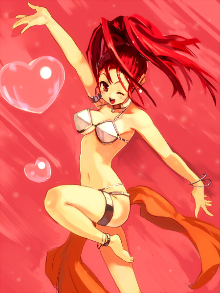 ;d anklet arm_up barbara barefoot bikini blush bracelet chimochimo dragon_quest dragon_quest_vi hair_up heart jewelry leg_up long_hair navel open_mouth red_eyes red_hair redhead sash smile solo swimsuit white_bikini wink