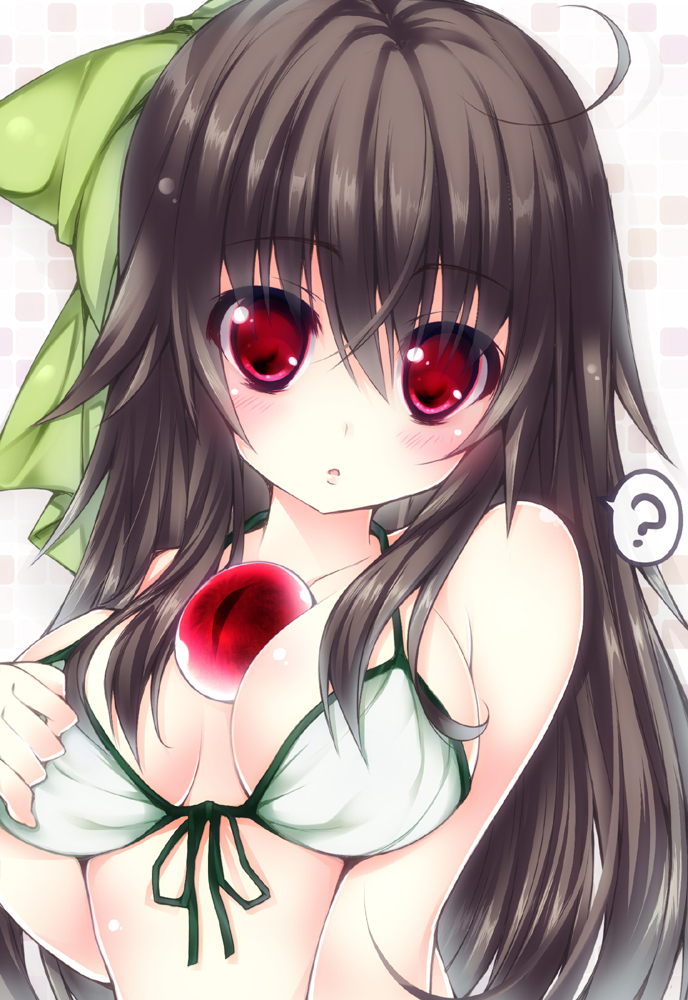 :o ? ahoge bare_shoulders between_breasts bikini bikini_top black_hair blush bow breasts brown_hair front-tie_top hair_bow long_hair looking_at_viewer ojitcha red_eyes reiuji_utsuho simple_background solo swimsuit third_eye touhou white_background