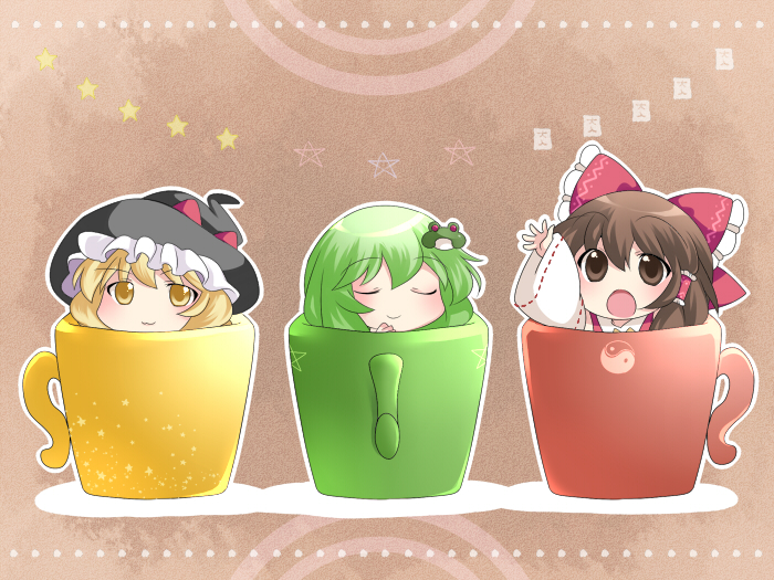 ^_^ aenobas arm_up blonde_hair bow brown_eyes brown_hair closed_eyes cup eyes_closed frame frog_hair_ornament green_hair hair_bow hair_ornament hair_tubes hakurei_reimu hammer_(sunset_beach) hat heart in_container in_cup kirisame_marisa kochiya_sanae multiple_girls open_mouth smile touhou wavy_mouth witch_hat yellow_eyes