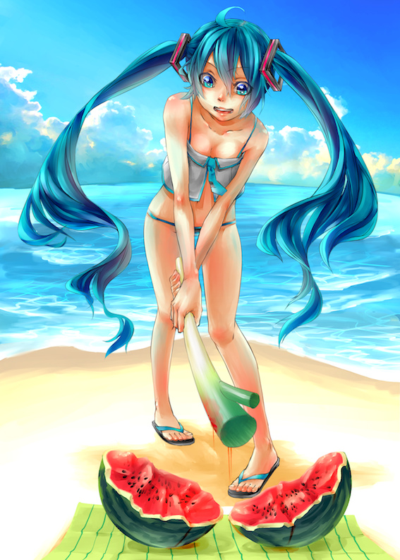 ahoge aqua_eyes aqua_hair cloud food fruit hatsune_miku necktie sandals sky solo spring_onion twintails vocaloid water watermelon