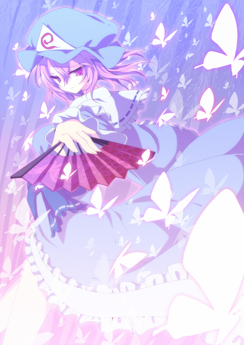 blue_dress butterfly capelet dress fan hat long_sleeves minoru pink_eyes pink_hair saigyouji_yuyuko sash short_hair smile solo touhou triangular_headpiece wide_sleeves