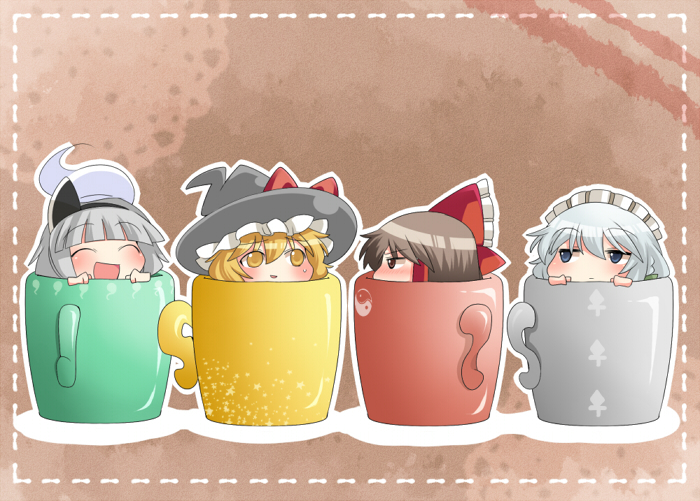 aenobas blonde_hair blue_eyes bow brown_hair closed_eyes cup eyes_closed hair_bow hair_ribbon hakurei_reimu hammer_(sunset_beach) hat in_container in_cup izayoi_sakuya kirisame_marisa konpaku_youmu konpaku_youmu_(ghost) maid_headdress multiple_girls ribbon silver_hair smile stare sweatdrop touhou witch_hat yin_yang