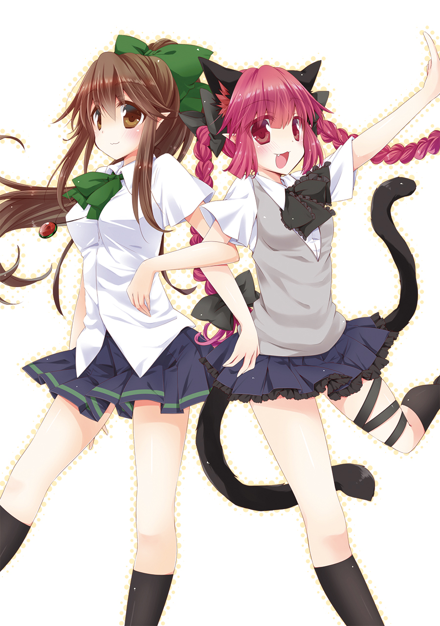 alternate_costume animal_ears blush bow braid brown_eyes brown_hair cat_ears cat_tail hair_bow highres jewelry kaenbyou_rin long_hair mao_(alepricos) miniskirt multiple_girls multiple_tails open_mouth pendant pointy_ears ponytail red_eyes red_hair redhead reiuji_utsuho short_sleeves skirt smile tail touhou twin_braids