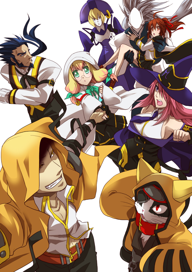 4boys 4girls ahoge android animal_ears blazblue blazblue_phase_0 blonde_hair blue_hair carrying cat_ears cat_hood cat_tail celica_a_mercury eyepatch facial_hair fang ggrock glasses goatee grin hair_over_one_eye hair_ribbon hakumen hat hood jubei_(blazblue) konoe_a_mercury multiple_boys multiple_girls multiple_tails nirvana princess_carry purple_eyes red_eyes red_hair redhead ribbon sideburns smile tail trinity_glassfield twintails valkenhayn_r_hellsing violet_eyes witch_hat yellow_eyes young yuuki_terumi