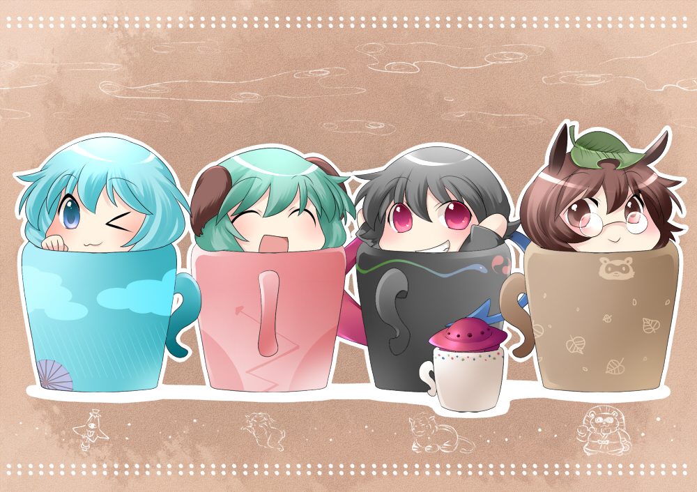 :3 :d ;3 aenobas animal_ears black_hair blue_hair brown_hair chibi cup dog_ears futatsuiwa_mamizou glasses green_hair grin hammer_(sunset_beach) houjuu_nue in_container in_cup kasodani_kyouko leaf leaf_on_head multiple_girls open_mouth outline smile tatara_kogasa touhou ufo wink