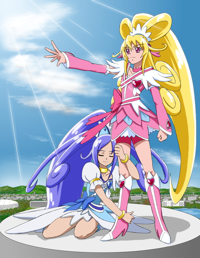 2girls aida_mana blonde_hair blue_hair blue_sky boots bracelet choker clenched_hand closed_eyes cure_diamond cure_heart dokidoki!_precure half_updo hishikawa_rikka jewelry leg_hug long_hair moritakusan multiple_girls outstretched_arm pink_eyes ponytail precure shadow sitting sky standing sunlight wariza yuri