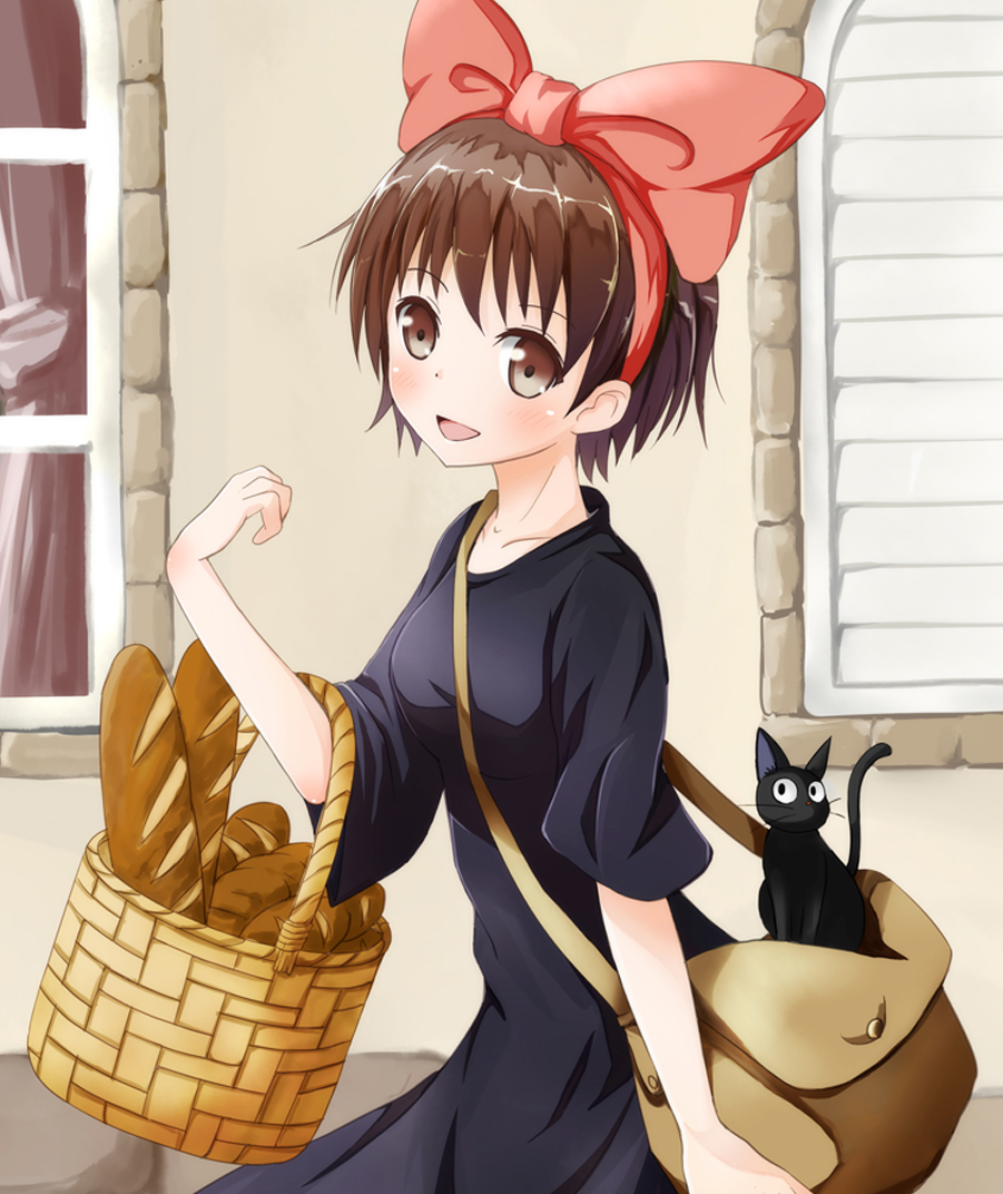 :d bag basket blush bread brown_eyes brown_hair carrying cat collarbone food hairband jiji_(character) jiji_(majo_no_takkyuubin) kiki majo_no_takkyuubin ok-ray open_mouth short_hair smile solo window