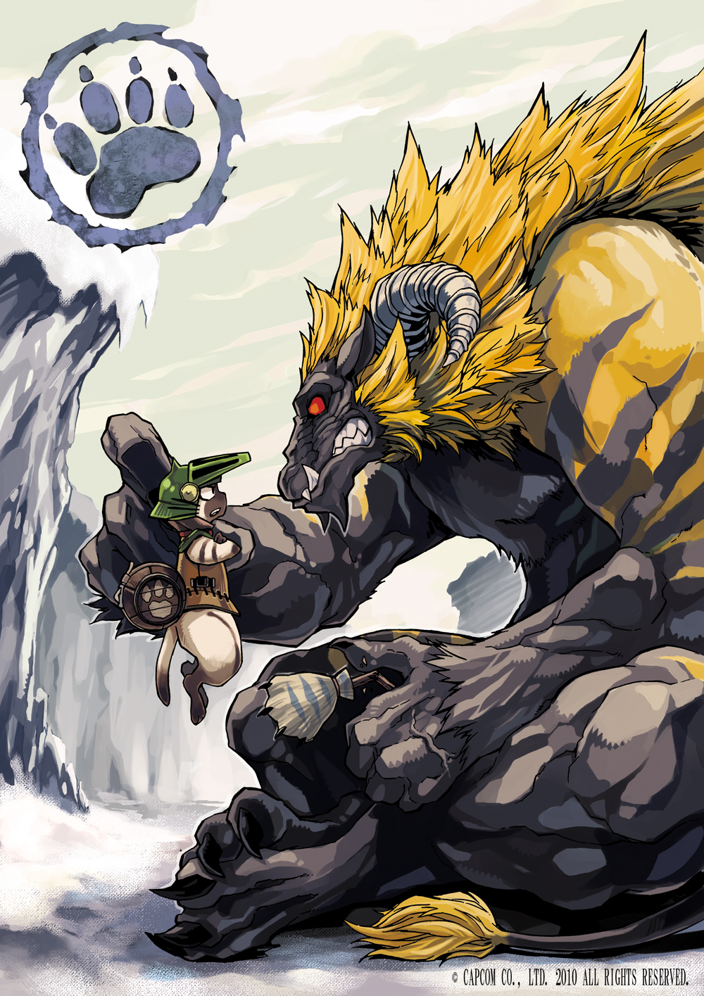 2012 ambiguous_gender cat eye_contact felyne feral highres horn monster_hunter rajang red_eyes ryuta ryuuta_(ipse) size_difference video_games