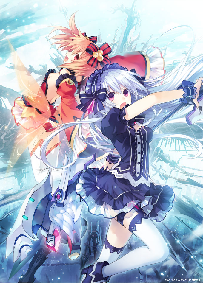 alyn_(fairy_fencer_f) bare_shoulders black_dress bow bowtie breasts choker detached_sleeves dress fairy_fencer_f frilled_skirt frills gothic_lolita hair_bow hairband jewelry lolita_fashion lolita_hairband long_hair long_sleeves miniskirt official_art open_mouth panties puffy_short_sleeves puffy_sleeves red_dress red_eyes red_panties redhead ribbon short_sleeves skirt thigh_strap thighhighs tiara_(fairy_fencer_f) tsunako twintails underwear violet_eyes weapon white_hair white_legwear