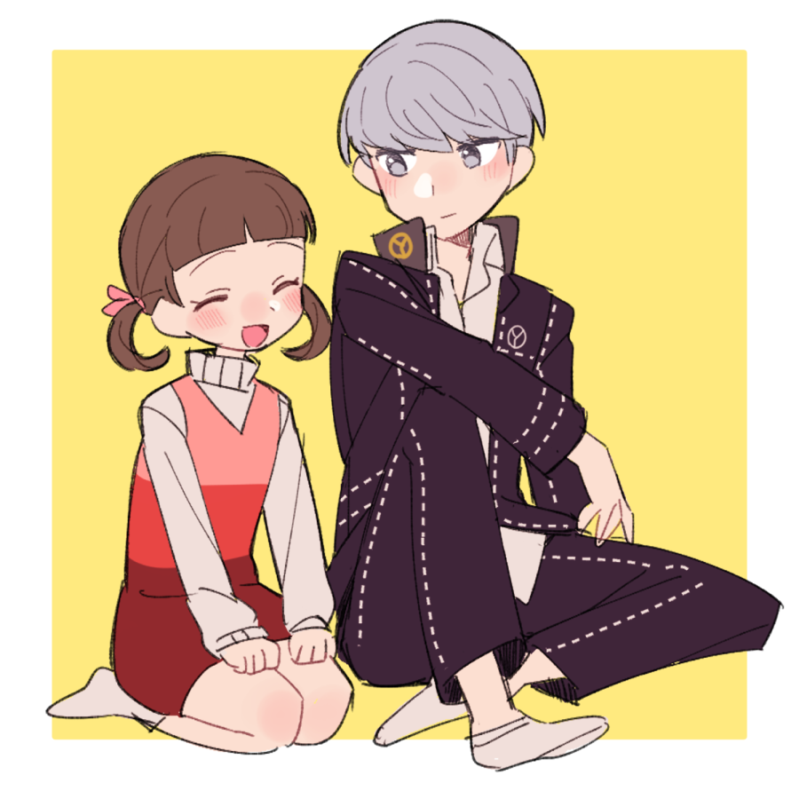 1boy 1girl bangs beige_sweater black_jacket black_pants blunt_bangs blush border brown_hair closed_eyes closed_mouth collared_shirt cousins do_m_kaeru doujima_nanako dress grey_eyes grey_hair hair_ribbon jacket long_sleeves looking_at_another looking_to_the_side low_twintails multicolored_clothes multicolored_dress narukami_yuu open_clothes open_jacket open_mouth outside_border pants persona persona_4 pink_dress pink_ribbon red_dress ribbon school_uniform seiza shirt short_hair sitting sleeveless sleeveless_dress smile socks sweater turtleneck turtleneck_sweater twintails uniform white_border white_legwear white_shirt yasogami_school_uniform