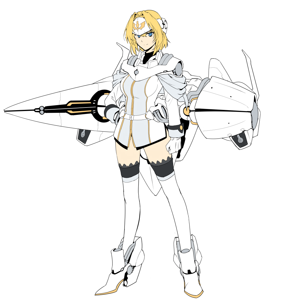 1girl blonde_hair blue_eyes crossover galactic_empire_(gin'eiden) ginga_eiyuu_densetsu gloves hair_intakes hand_on_hip harukon_(halcon) headgear kantai_collection looking_at_viewer mecha_musume original parody short_hair simple_background smile solo space_craft thigh-highs white_background white_gloves