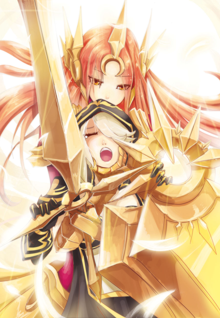 armor ashe ashe_(league_of_legends) beancurd bikini_top brown_eyes brown_hair cloak closed_eyes crying ear_protection forehead_protector gloves highres hood league_of_legends leona leona_(league_of_legends) long_hair multiple_girls shield silver_hair sword tears weapon