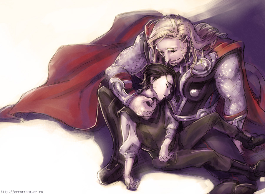 2boys age_difference armor avengers black_hair blonde_hair brothers cape child facial_hair family kakanori loki_(marvel) marvel multiple_boys siblings sleeping stubble thor_(marvel) time_paradox young
