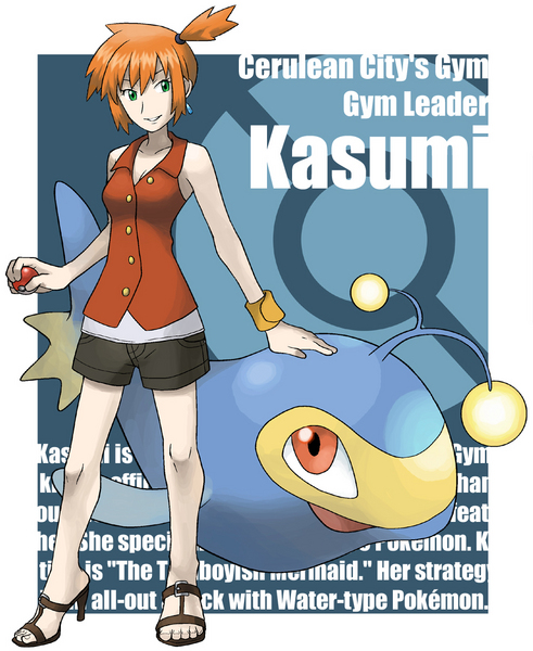 1girl bad_id bare_shoulders blue_background character_name earrings english green_eyes high_heels holding holding_poke_ball jewelry kasumi_(pokemon) lanturn misty_(pokemon) official_style open_shoes orange_hair poke_ball pokemon pokemon_(creature) sandals shorts side_ponytail smile wristband