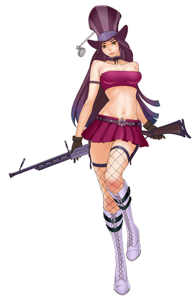 bandeau belt boots breasts brown_eyes caitlyn_(league_of_legends) choker cleavage cross-laced_footwear fishnet_legwear fishnets garter_straps gloves gun hat highres large_breasts league_of_legends legs lipstick long_hair makeup midriff miniskirt pleated_skirt preter purple_hair rifle skindentation skirt sniper_rifle solo taut_shirt thighs tubetop weapon