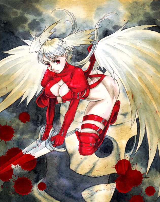 angel_wings blood blood_splatter boots breasts cleavage cleavage_cutout dual_wielding elbow_gloves final_fantasy final_fantasy_tactics gloves head_wings kikimimi_612 long_hair red_eyes silver_hair solo sword thigh-highs thigh_boots thigh_strap thighhighs ultima_(fft) weapon wings