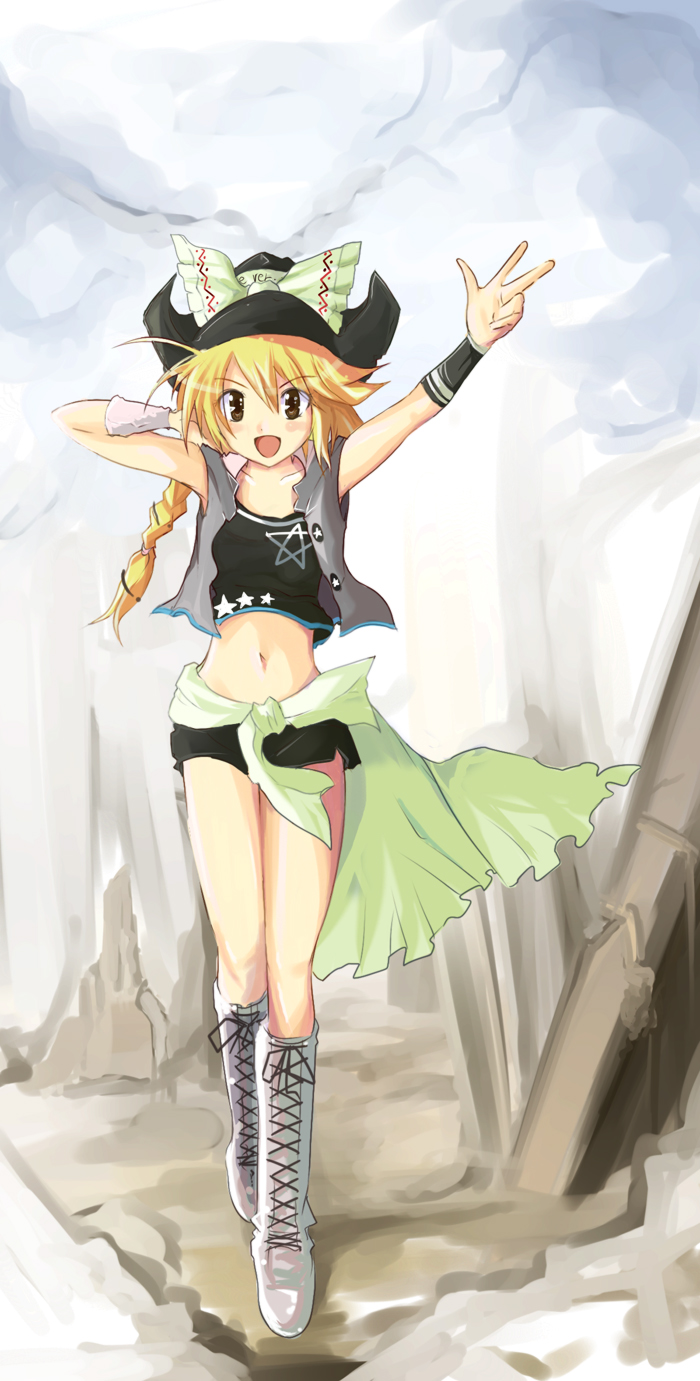 advent_cirno alternate_costume blonde_hair blush bow braid collarbone crop_top cross-laced_footwear echizen hat hat_bow highres kirisame_marisa midriff navel open_mouth short_hair short_shorts shorts side_braid single_braid solo touhou v wristband