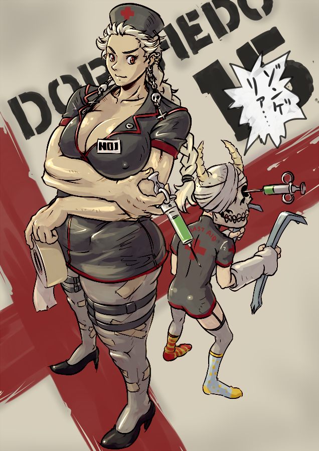 breasts cleavage crowbar dorohedoro earrings ebisu_(dorohedoro) erect_nipples hat horns jewelry large_breasts mikoyan multiple_girls muscle noi_(dorohedoro) nurse_cap red_eyes silver_hair syringe tape thick_thighs thighs weapon