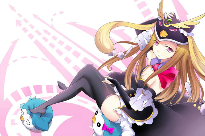 animal_hat bird black_legwear breasts brown_hair cleavage elbow_gloves female gloves hat jpeg_artifacts long_hair long_legs mawaru_penguindrum oishii_garriel penguin penguin_2-gou penguin_3-gou pink_eyes princess_of_the_crystal takakura_himari thigh-highs thighhighs