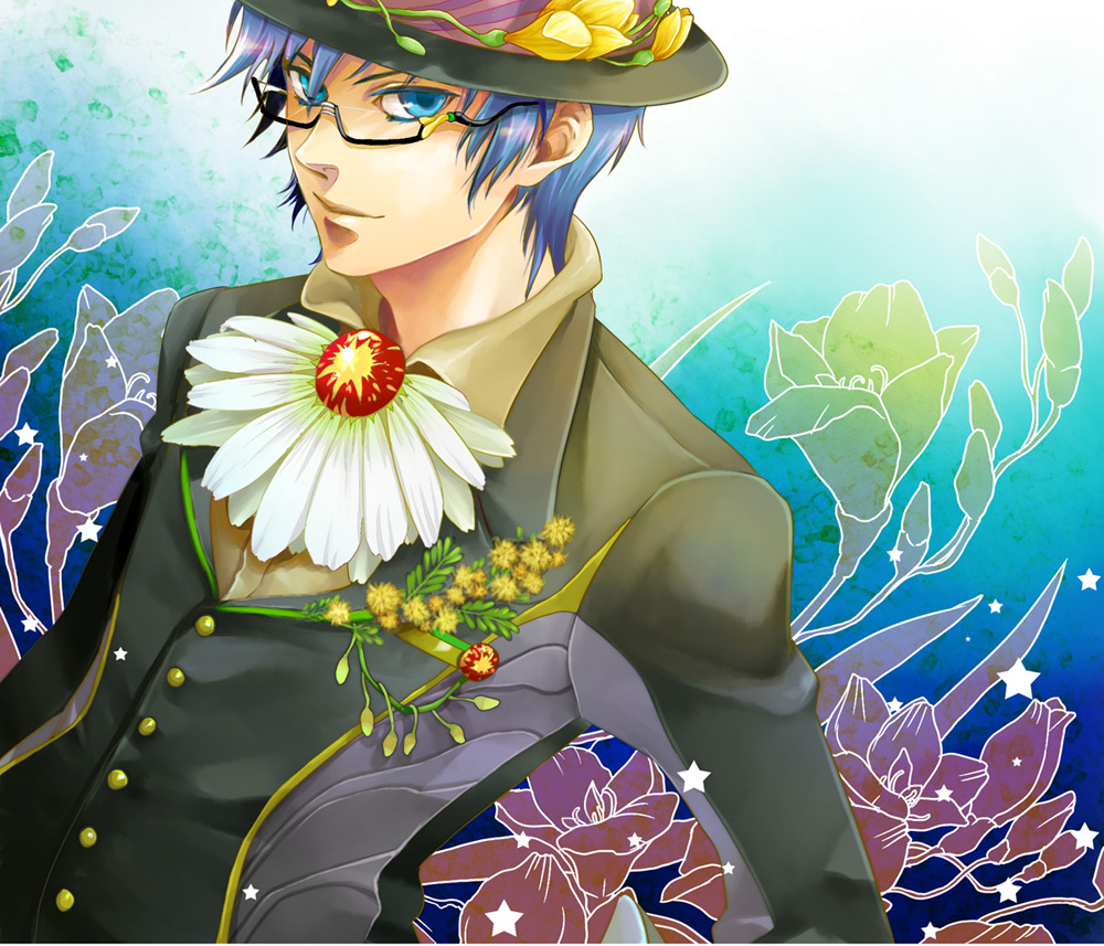 bespectacled blue_eyes blue_hair boutonniere flower formal glasses hat kaito male semi-rimless_glasses short_hair smile solo star suit toba_k under-rim_glasses vocaloid