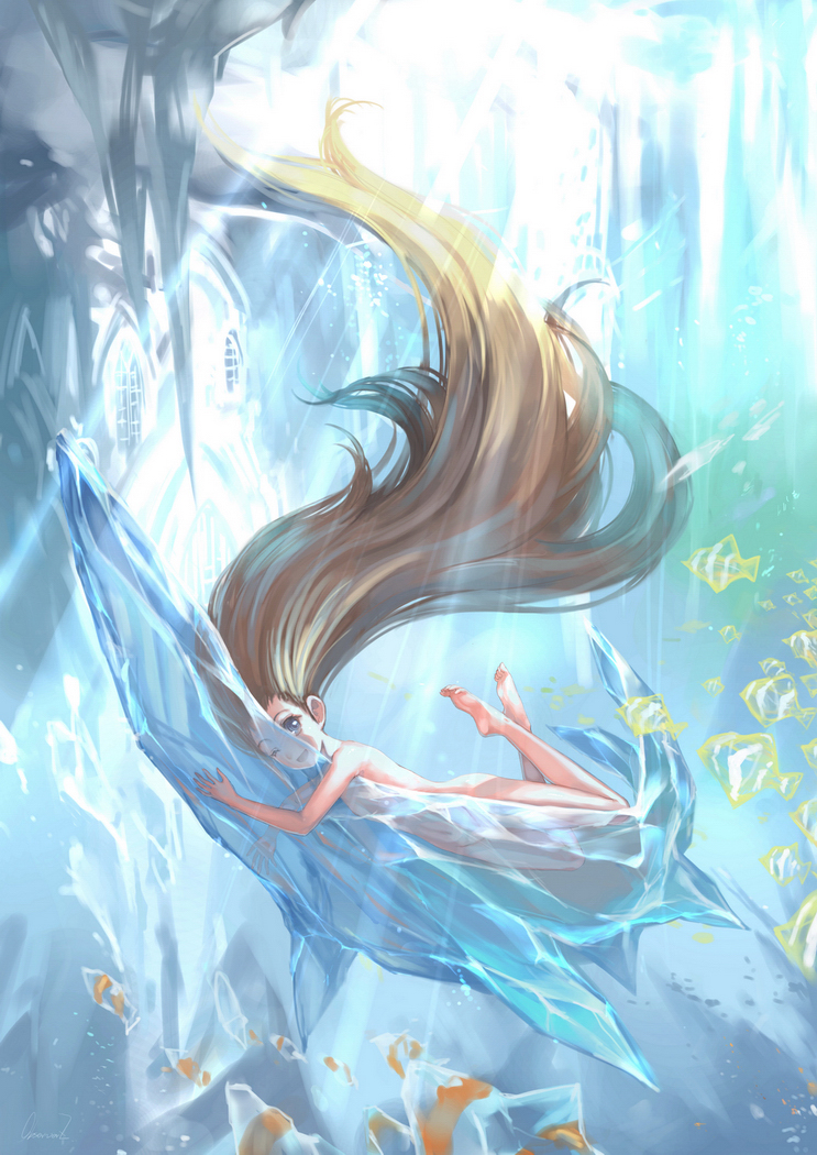 :d absurdly_long_hair aqua babycat barefoot blue_eyes brown_hair feet fish floating_hair freediving ice legs_up long_hair nude open_mouth original see-through signature smile solo sunbeam sunlight swimming underwater very_long_hair wink