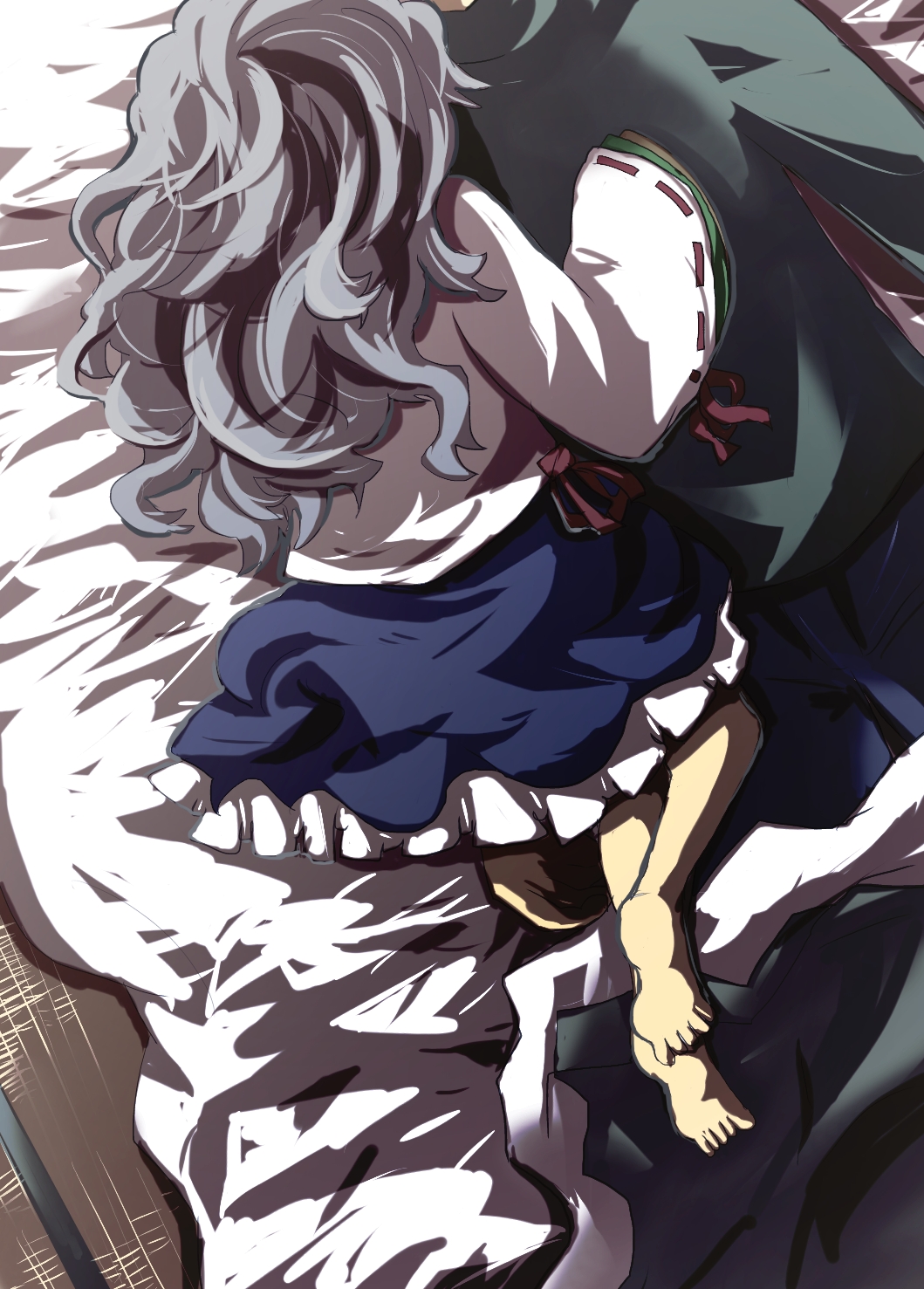 barefoot bed commentary commentary_request faceless faceless_male gaoo_(frpjx283) grey_hair highres japanese_clothes kariginu long_hair mononobe_no_futo no_hat no_headwear skirt solo spooning touhou