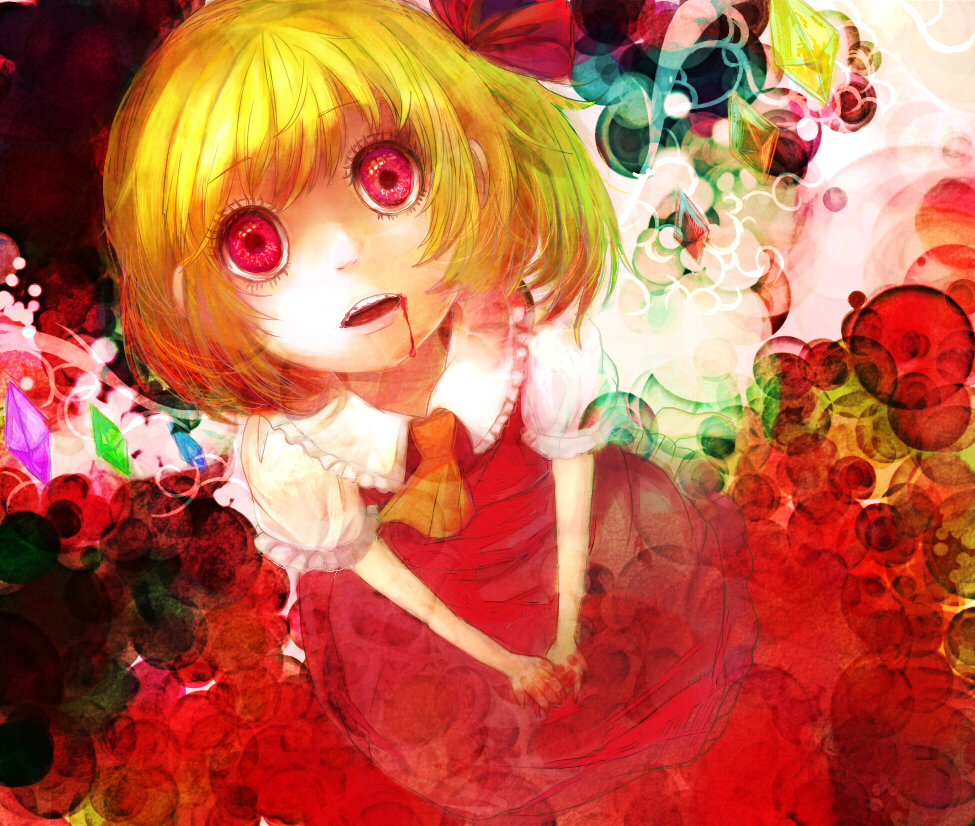 blonde_hair blood blood_in_mouth crystal flandre_scarlet from_above hair_ribbon iromi_(a1vlmeta) no_hat no_headwear puffy_sleeves red_eyes ribbon short_hair short_sleeves side_ponytail solo touhou v_arms wings