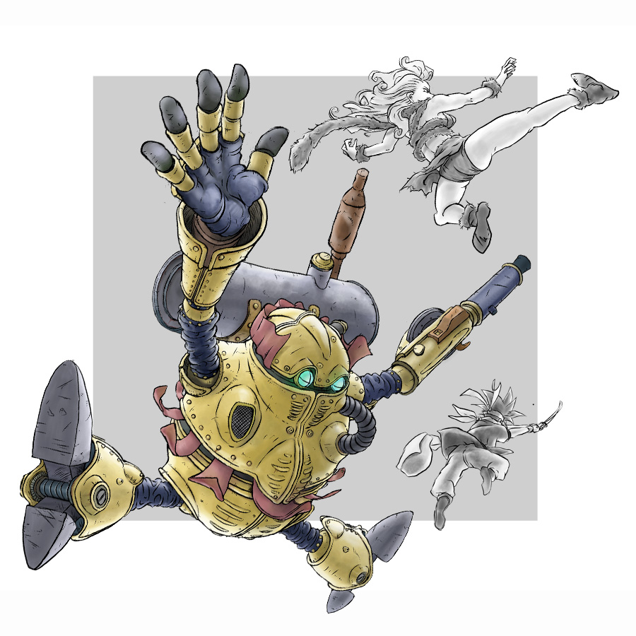 1girl arm_cannon attack ayla back blonde_hair brown_hair chrono_trigger crono fighting headband katana kicking outstretched_arms robo robot simple_background spread_arms sword weapon wrist_cuffs