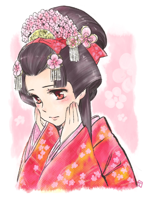 blush copyright_request female hair_ornament hands_on_own_cheeks hands_on_own_face headdress iori_tabasa japanese_clothes kimono lips portrait red_eyes sleeves_past_wrists solo