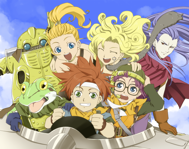 bad_id belt blue_eyes brown_eyes buckle cape chrono_trigger closed_eyes cloud clouds crono earrings epoch eyes_closed final_fantasy_flagship frog glasses gloves grin headband helmet jewelry kaeru_(chrono_trigger) long_hair lucca_ashtear magus marle open_mouth parody pointy_ears ponytail purple_hair red_hair redhead robo scarf sky smile smirk style_parody tales_of_(series) wind