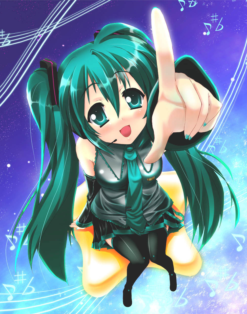 :d aqua_eyes aqua_hair boots detached_sleeves foreshortening hatsune_miku highres iga_tamaki musical_note necktie open_mouth pointing sitting skirt smile star thigh_boots thighhighs vocaloid