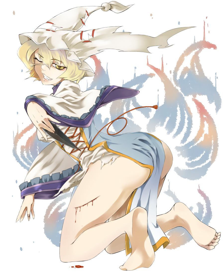 barefoot blonde_hair blood diohazard grin hat injury kunai long_sleeves short_hair slit_pupils smile solo torn_clothes touhou weapon wide_sleeves wink wound wounded yakumo_ran yellow_eyes