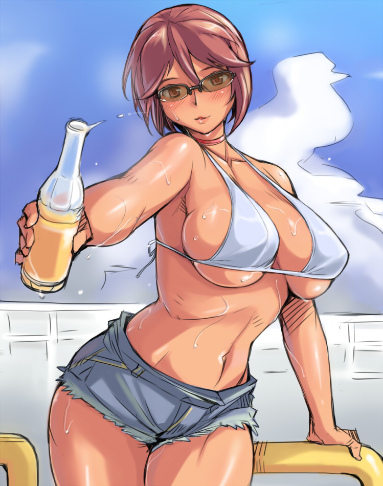 adult bikini_top blush bottle breasts brown_eyes brown_hair choker cleavage denim denim_shorts large_breasts lips navel rozen_maiden rozenweapon short_hair shorts sky solo souseiseki sunglasses sweat tan under_boob underboob