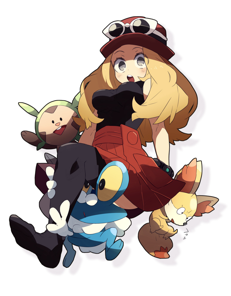 1girl bare_shoulders blonde_hair chespin fennekin froakie hat pokemon pokemon_(creature) pokemon_(game) pokemon_xy serena_(pokemon) shigetake_(buroira) skirt sunglasses thigh-highs