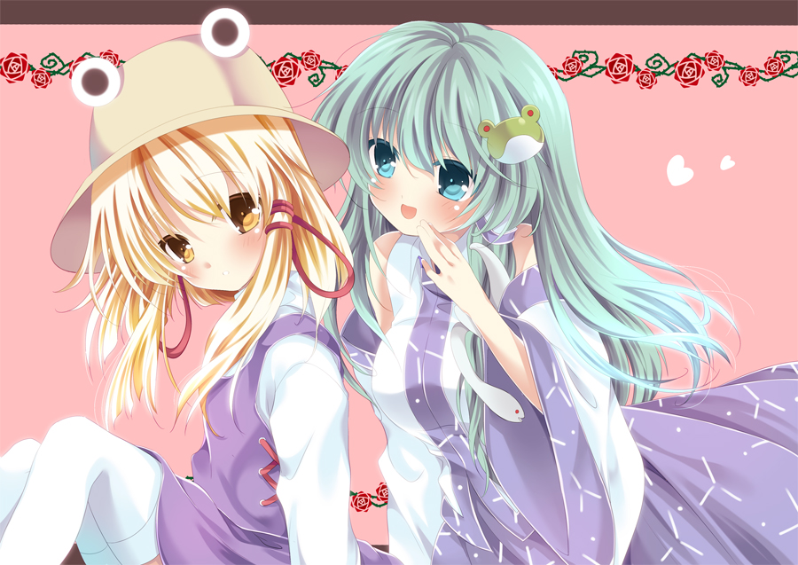 aqua_eyes blonde_hair blush detached_sleeves eyes frog_hair_ornament green_hair hair_ornament hair_tubes hat kochiya_sanae long_hair long_sleeves moriya_suwako multiple_girls nogi_takayoshi open_mouth short_hair snake_hair_ornament thigh-highs thighhighs touhou white_legwear wide_sleeves yellow_eyes