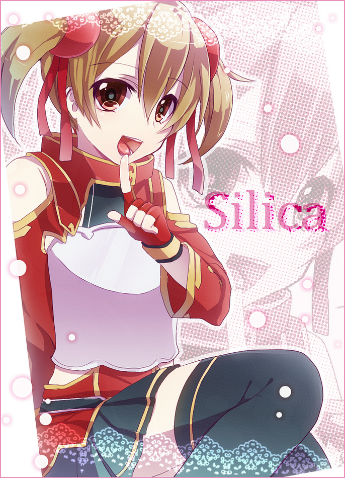 black_legwear breastplate brown_hair finger_to_mouth fingerless_gloves gloves kirito_(tundereyuina) looking_at_viewer open_mouth red_eyes short_twintails silica skirt solo sword_art_online thigh-highs thighhighs twintails zoom_layer
