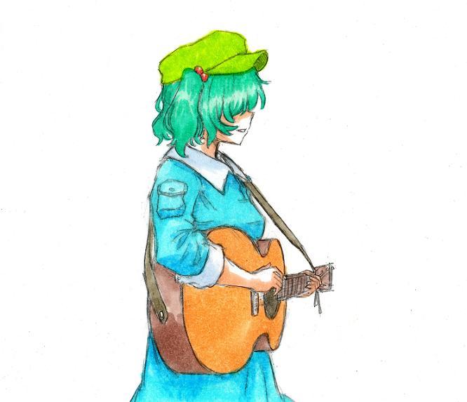 guitar hair_bobbles hair_ornaments hair_over_eyes hat instrument kawashiro_nitori shirodama sleeves_rolled_up smile solo touhou white_background