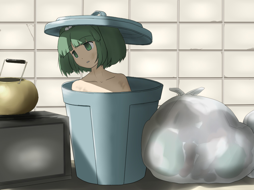 collarbone empty_eyes green_eyes green_hair hair_bobbles hair_ornament in_container kettle kisume poverty shirosato short_hair solo touhou trash_can trashcan twintails