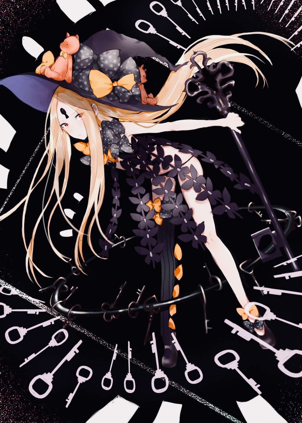 1girl abigail_williams_(fate/grand_order) asymmetrical_legwear bangs black_bow black_footwear black_hat black_legwear black_panties blonde_hair bow closed_mouth commentary_request fate/grand_order fate_(series) hat hat_bow highres holding holding_key kakao_02 key keyhole leaning_forward long_hair looking_at_viewer mary_janes orange_bow oversized_object panties parted_bangs red_eyes revealing_clothes shoes single_thighhigh solo stuffed_animal stuffed_toy teddy_bear thigh-highs topless underwear very_long_hair witch_hat