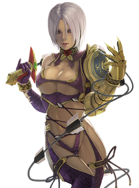 1girl blue_eyes breasts female holding holding_weapon isabella_valentine large_breasts lips revealing_clothes short_hair silver_hair simple_background solo soul_calibur soulcalibur soulcalibur_iv under_boob underboob whip_sword white_background yuumikouki