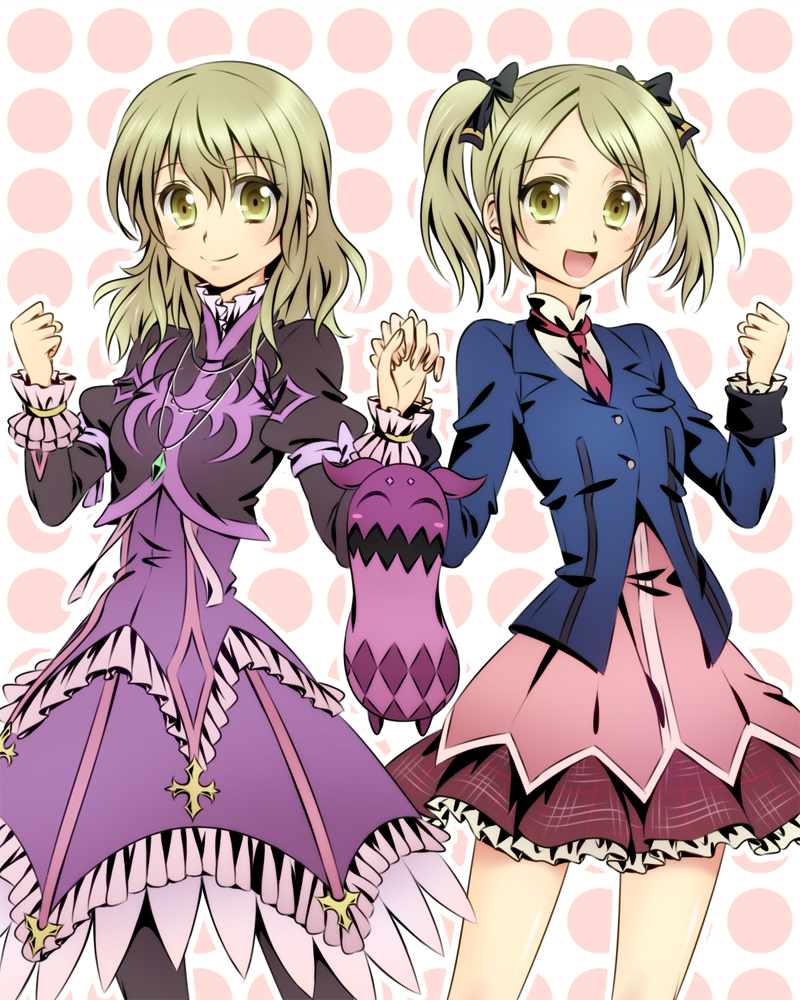 blazer bolero bow brown_eyes brown_hair cropped_jacket doll dress dual_persona elise_lutus frills hair_bow hand_holding holding_hands jewelry multiple_girls necktie pantyhose pendant polka_dot polka_dot_background purple_dress segawa-a short_hair smile tales_of_(series) tales_of_xillia tales_of_xillia_2 tipo tipo_(xillia) twintails