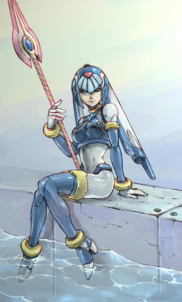 blue blue_eyes capcom fairy_leviathan female girl guardian_of_the_sea guardians_of_master_x guardians_of_neo_arcadia gynoid helmet javalin leviathan leviathan_(megaman) leviathan_(rockman) megaman_zero mmz neo_arcadia oekaki reploid rmz robot rockman rockman_zero sitting spear thigh-highs woman