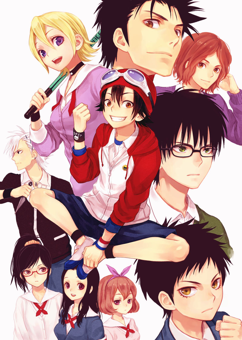 4girls 6+boys agata_soujirou asahina_kikuno belt black_hair blonde_hair brown_eyes fujisaki_yuusuke glasses hockey_stick katou_kiri kunai loafers looking_at_viewer multiple_boys multiple_girls necktie onizuka_hime open_mouth profile red-framed_glasses ribbon school_uniform shinba_michiru shoes short_hair simple_background sket_dance smile sweater tsubaki_sasuke unyuu_mimori usami_hani usui_kazuyoshi violet_eyes weapon white_hair wristband