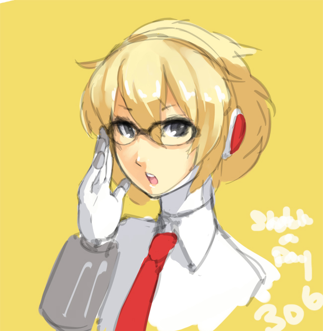 aegis android bespectacled blonde_hair blue_eyes bust eu03 glasses headphones necktie persona persona_3 persona_4:_the_ultimate_in_mayonaka_arena short_hair solo