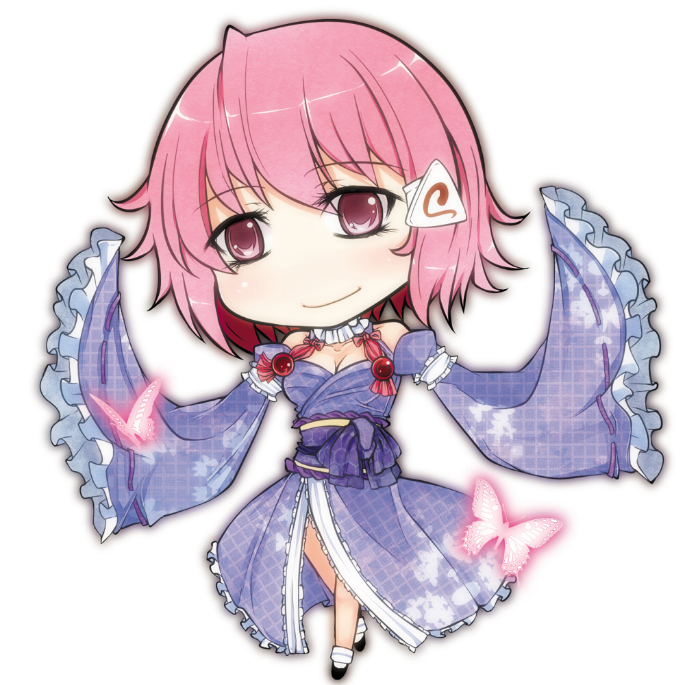 adapted_costume aoshima breasts butterfly cleavage hair_ornament insect long_sleeves no_hat no_headwear obi off_shoulder pink_eyes pink_hair saigyouji_yuyuko short_hair smile solo touhou triangular_headpiece wide_sleeves